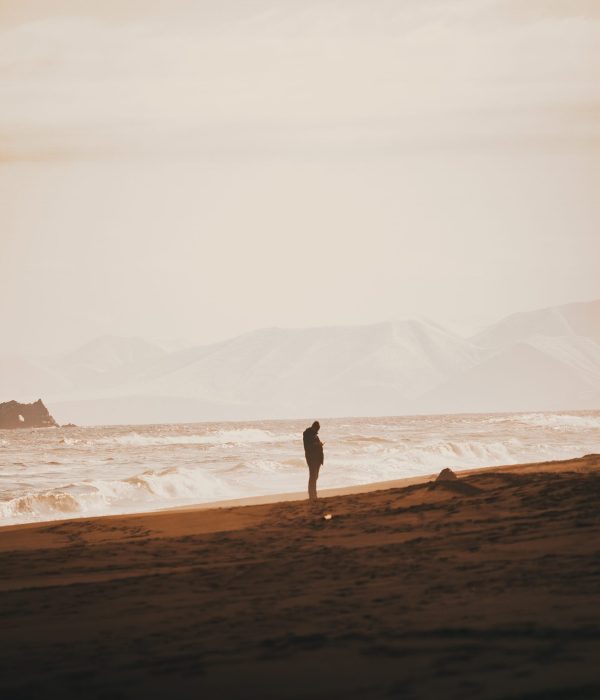A person standing on the sandy beach with a clear white sky in the background